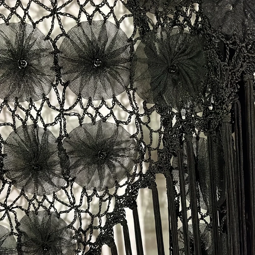 Black Crochet Beaded Floral Fringe Shawl - Picture 15 of 15